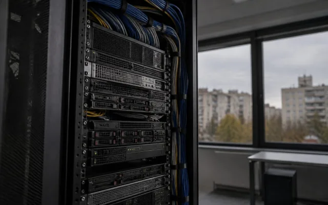 Servere dintr-un centru de date care procesează tranzacții digitale complexe