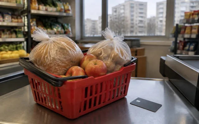 Produse alimentare într-un coș lângă un card bancar la casa de marcat