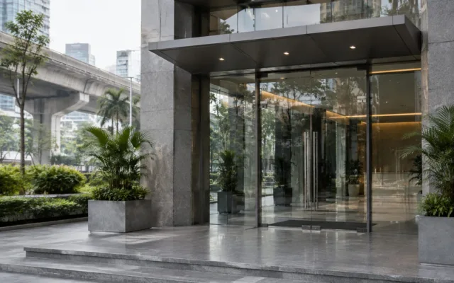 Intrarea clădirii de birouri din Bangkok