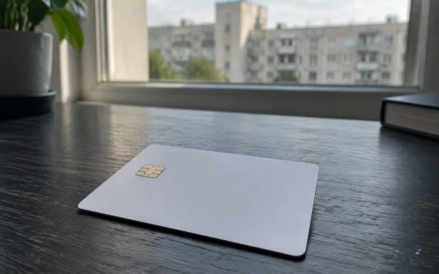 Un card bancar fără însemne așezat pe o suprafață de lemn