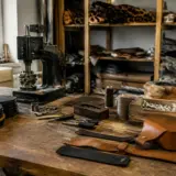 O masă de lucru din lemn într-un atelier de prelucrare a pielii