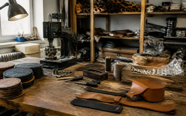 O masă de lucru din lemn într-un atelier de prelucrare a pielii