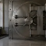 Ușă metalică de seif bancar masiv într-o clădire de epocă
