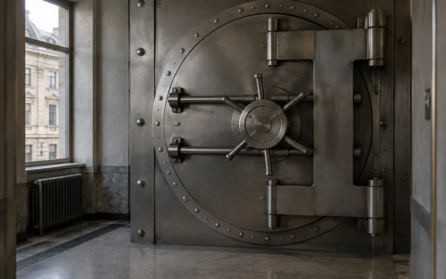 Ușă metalică de seif bancar masiv într-o clădire de epocă