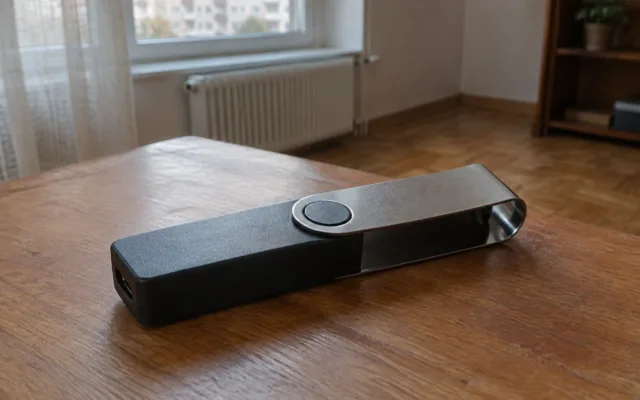 Un portofel hardware pentru criptomonede așezat pe o masă de lemn